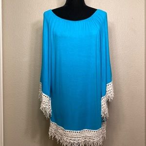 Women’s Long Tunic Blouse, Bell Sleeves, Turquoise, Fringe Hem & Cuffs, Size M